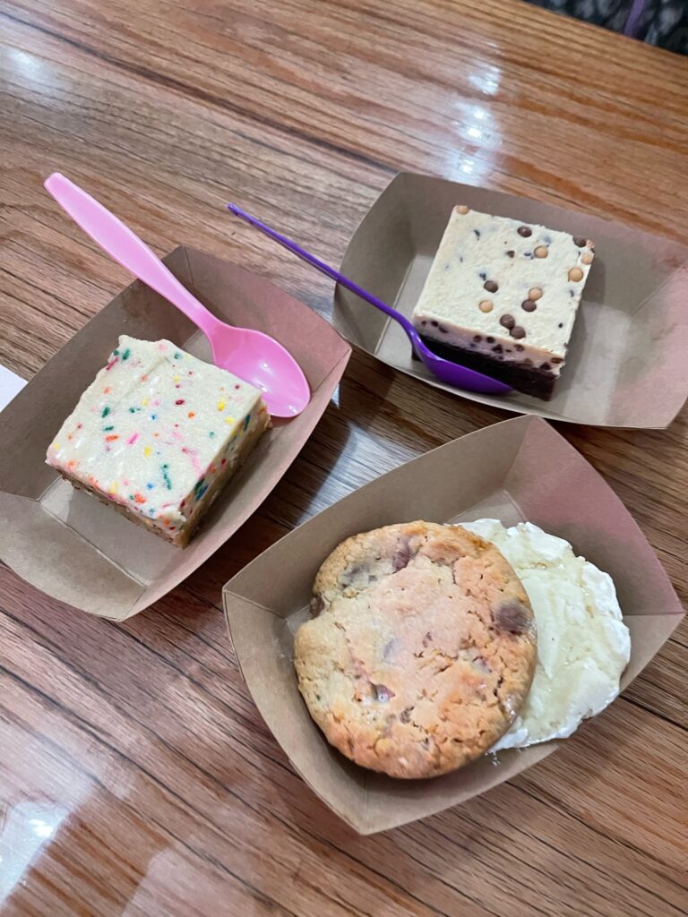 Couch potato cookie, unicorn bar and booty call brownie.