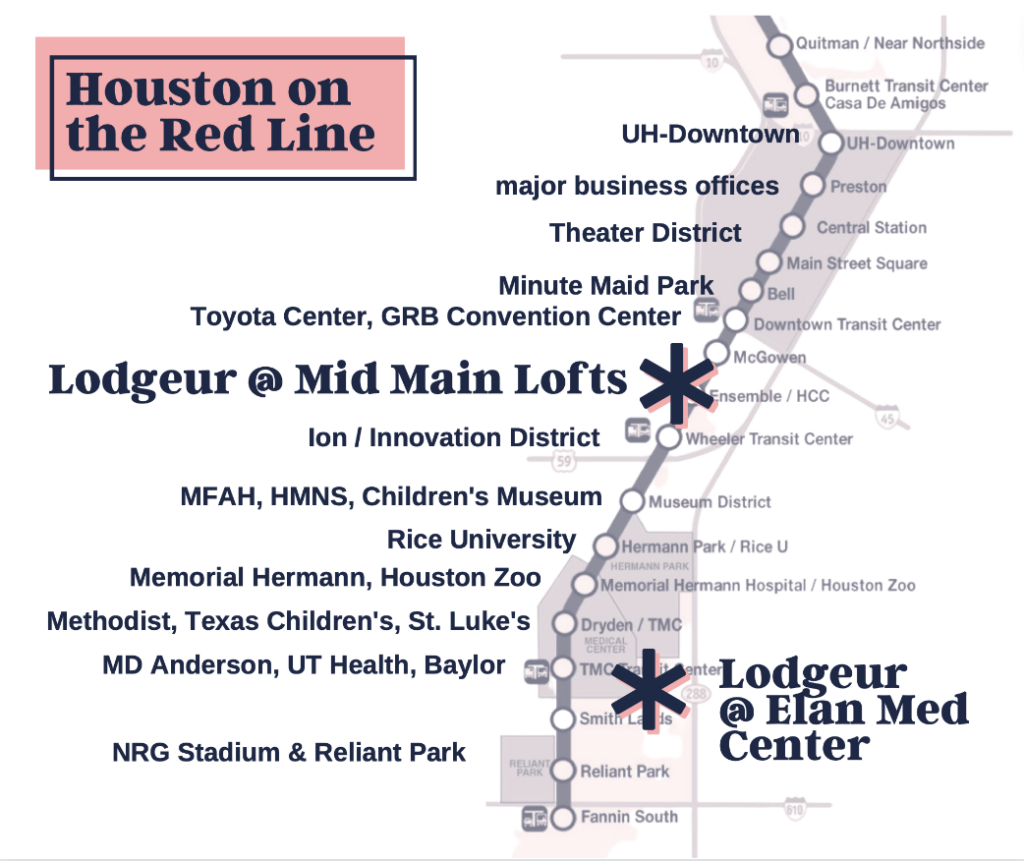METROrail map - Houston light rail with Lodgeur Midtown and TMC locations