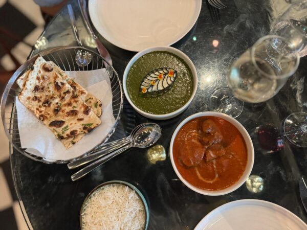 Butter chicken, garlic naan and palak paneer
