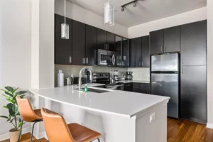 Fully-equipped kitchen of a Lodgeur furnished rental apartment in Houston, Texas.
