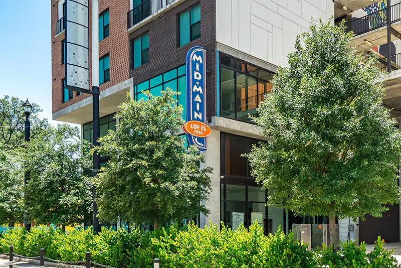 The exterior of the Mid Main Lofts apartment community in Houston's Midtown neighborhood