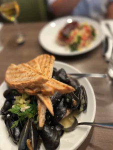 mussels and toast at Weights + Measures