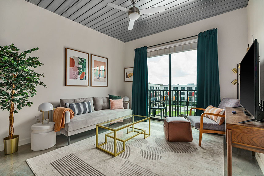 Lodgeur designed living room at Mid Main Lofts