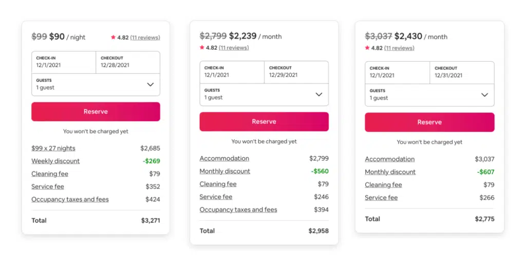 reservation charts and prices