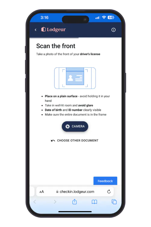 Image of a mobile phone with Lodgeur's online check-in screen