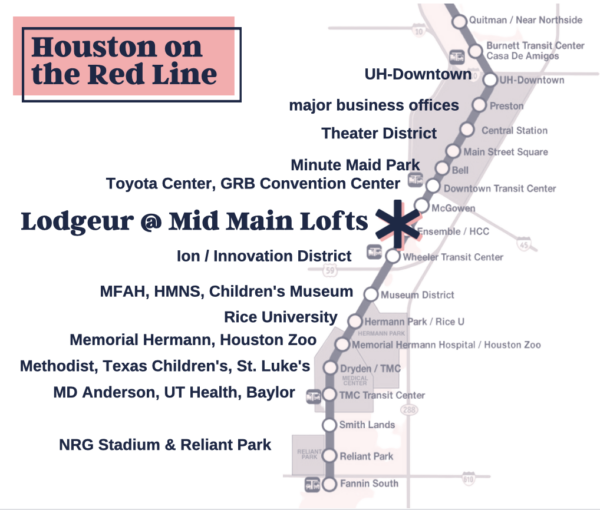 Houston METRORail map with Lodgeur at Mid Main Lofts