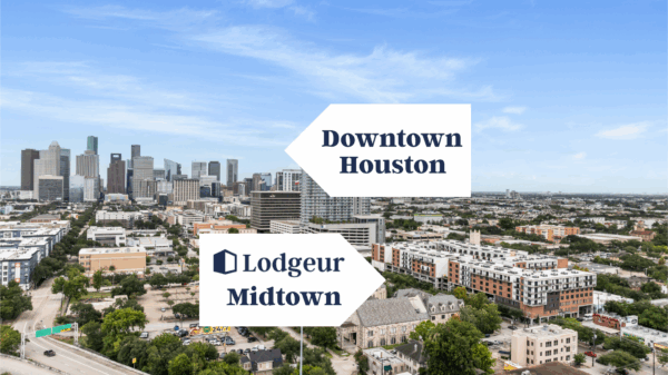 Aerial shot of Lodgeur Midtown and Downtown Houston