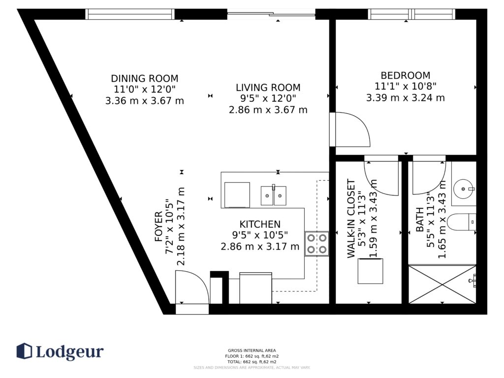 Floor plan of the Large One-Bedroom at Mid Main Lofts