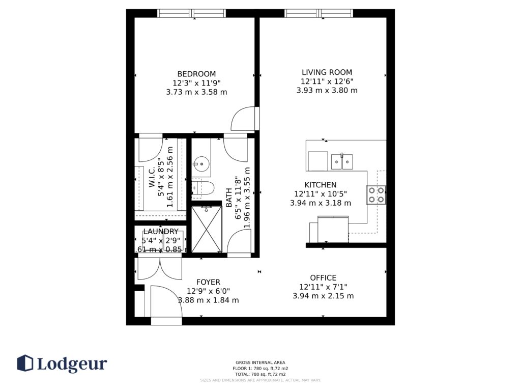 Floor plan of the Large One-Bedroom with Office at Mid Main Lofts