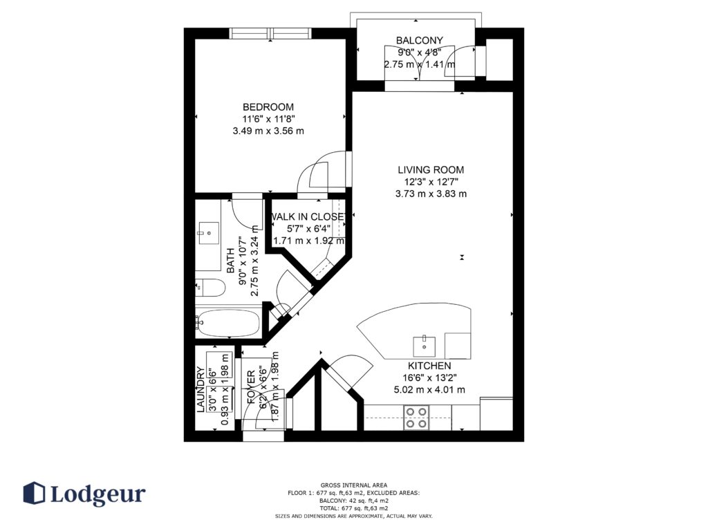 Floor plan of the Large One-Bedroom Loft at Elan Med Center