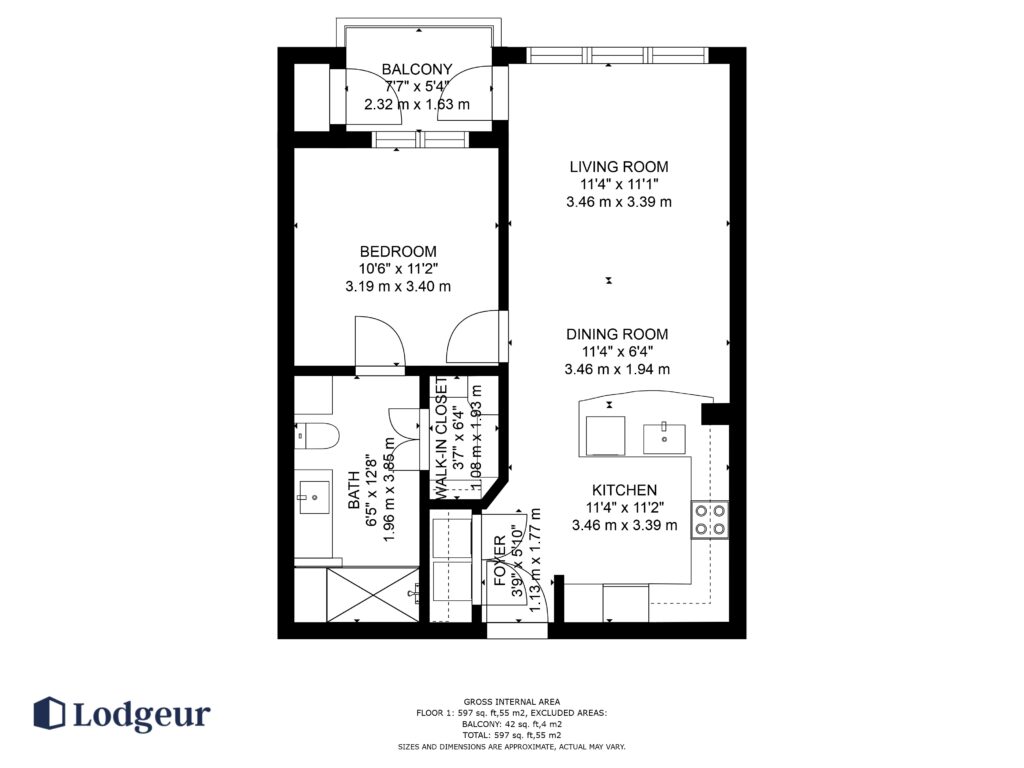 Floor plan of the One-Bedroom Loft at Elan Med Center