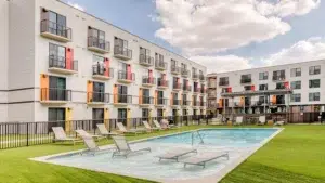 A pool in a courtyard at Mid Main Lofts