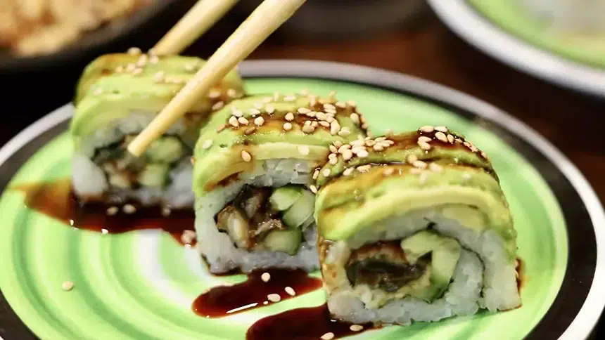 3 pieces of sushi at Kura, below Lodgeur at Mid Main Lofts