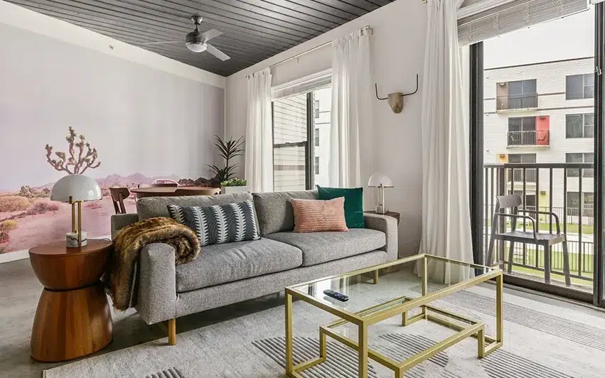 Living room of a Lodgeur short-term furnished rental apartment in Houston, Texas.