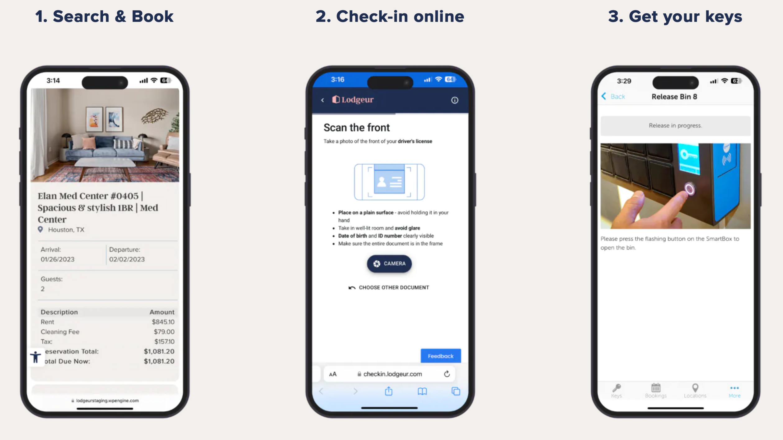Screenshots of Lodgeur's easy digital-first booking system. Screenshots of Lodgeur's easy digital-first booking system.