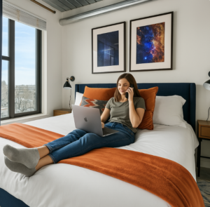 Intern with a laptop and phone in a furnished Lodgeur apartment bedroom