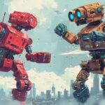 dynamic depicts a fierce robotic competition taking place against the backdrop of a futuristic cityscape