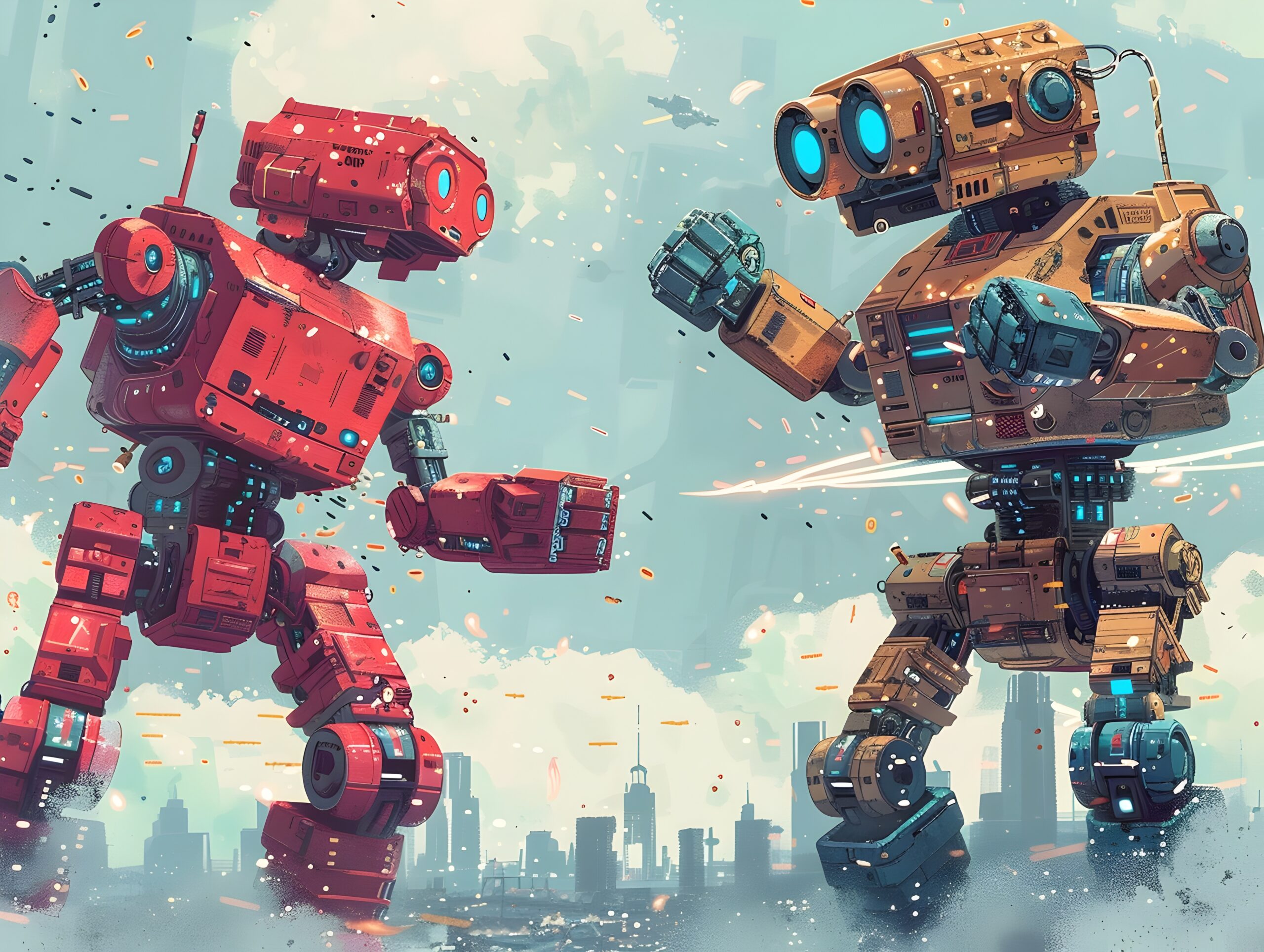 dynamic depicts a fierce robotic competition taking place against the backdrop of a futuristic cityscape