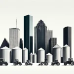 Houston skyline with farm silos and tractors