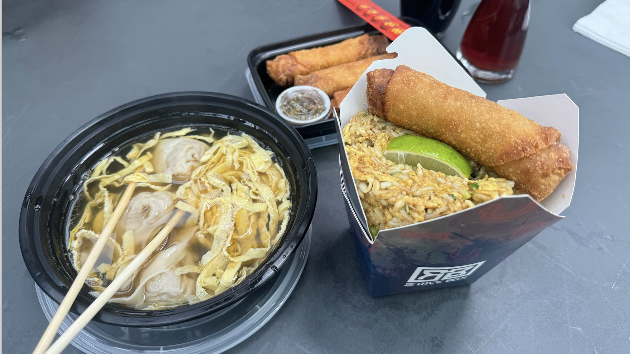 Dumpling sop, fried rice and egg rolls at Rice Box
