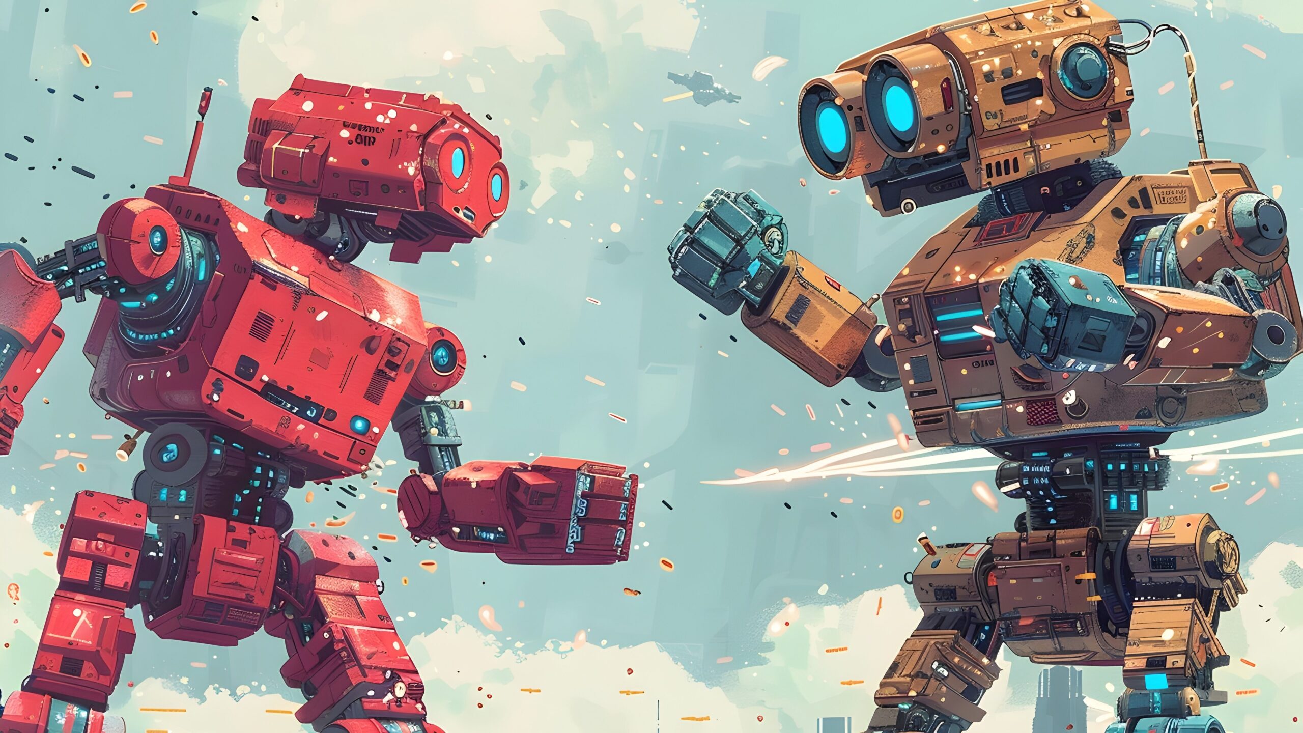dynamic depicts a fierce robotic competition taking place against the backdrop of a futuristic cityscape