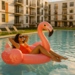 Lodgeur guest on a flamingo pool float