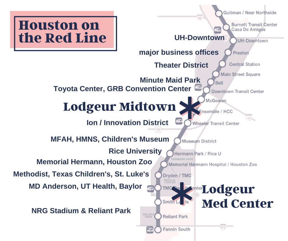 METROrail map - Houston light rail and Lodgeur TMC and Midtown locations