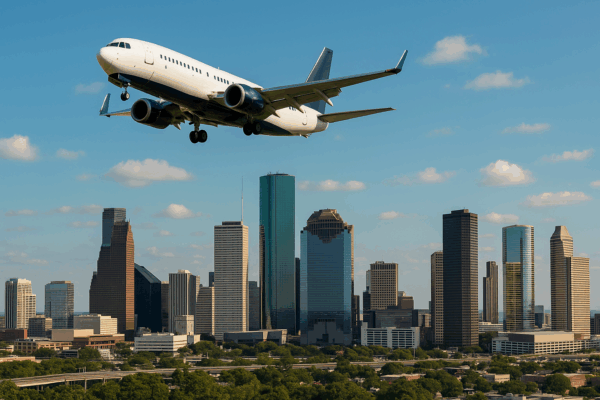 Image of a plane over the Houston skyline